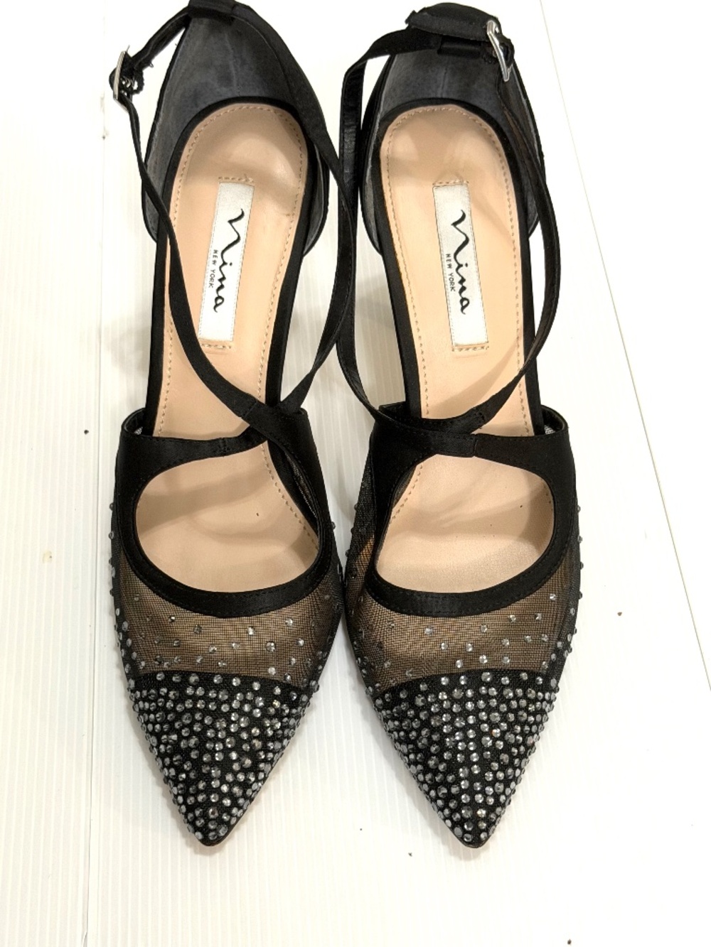 Nina New York Conetta Black Satin Mesh Crystal d'Orsay Pumps Heels Size 10M